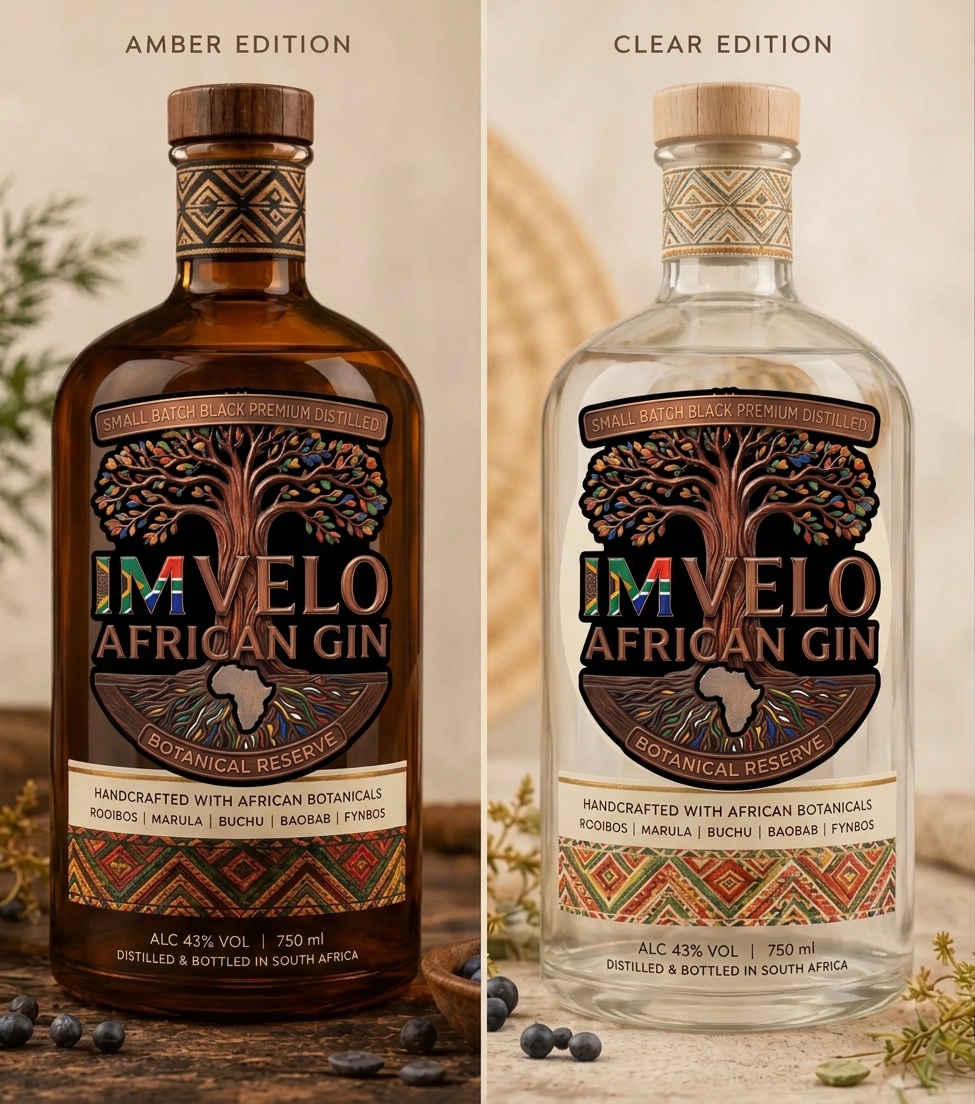 Imvelo African Gin — Amber Edition and Clear Edition bottles shown side by side