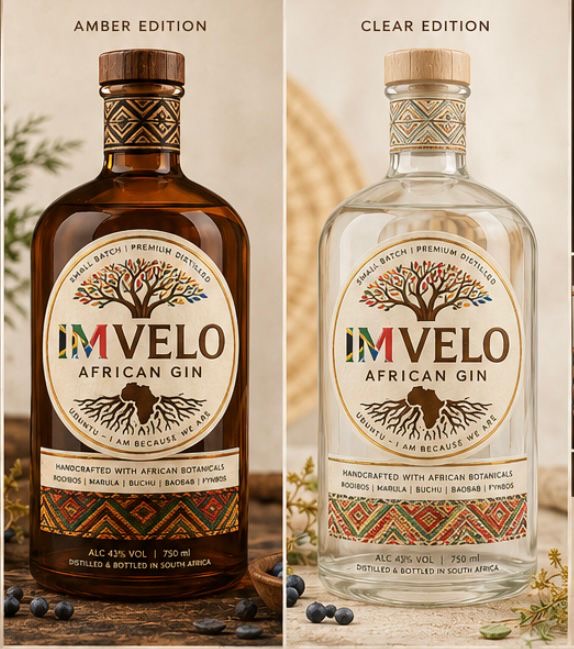 Imvelo African Gin, Amber Edition and Clear Edition bottles