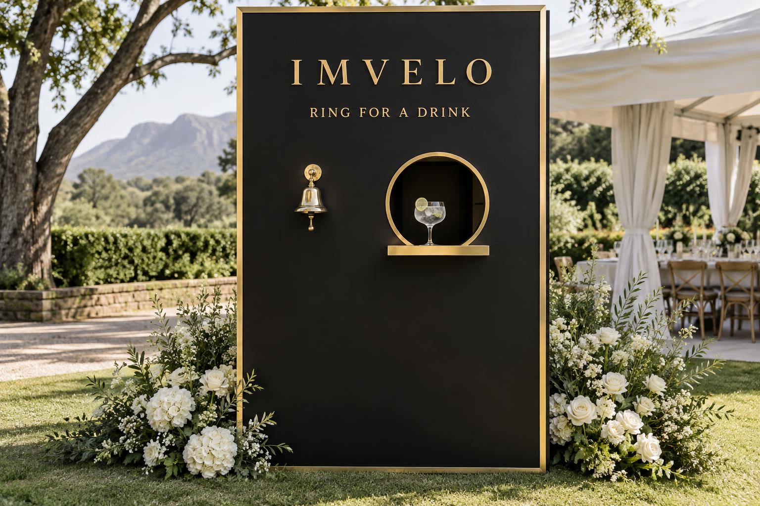 Imvelo ring-for-drink booth concept with a brass bell, small circular cocktail opening and gold shelf